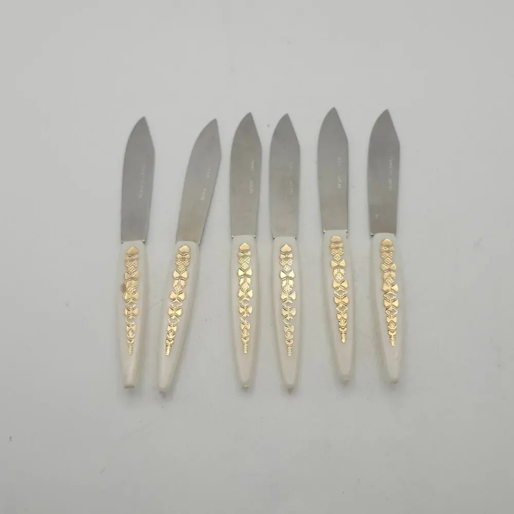Vintage 6 Mini Cocktail Appetizer‎ Knives Japan Cream Gold Floral MCM Stainless